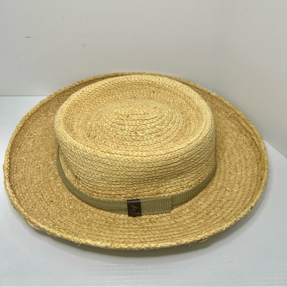 Scala Golf Beach Wide Brim Men's Tan Straw Hat Olive Green Ribbon Detail - Picture 2 of 9